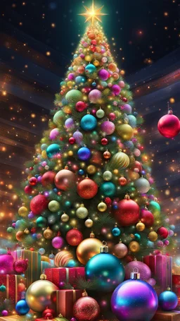 Arte digital hermoso árbol de navidad coloreado, maximalista, calidad ultra, hiperdetallado, 12K