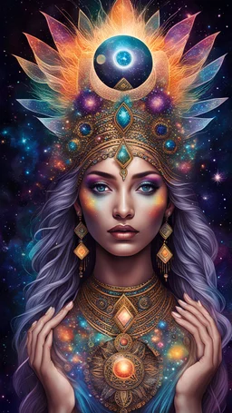 an image of a celestial goddess and cosmic energy emanating from her fingertips. Use intricate details to create a cosmic headdress and incorporate vivid colors to represent the vastness of the universe
