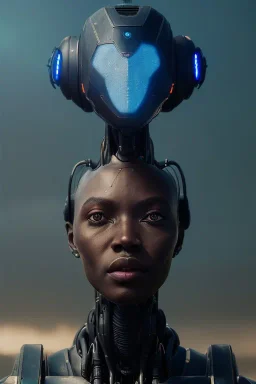 Beautiful portrait of african robot, post-apocalypse cybernetic in a cyberpunk city, sci-fi fantasy style, 8k,dark