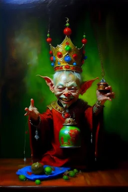 Living king elf kettle joker, prize winning oil painting