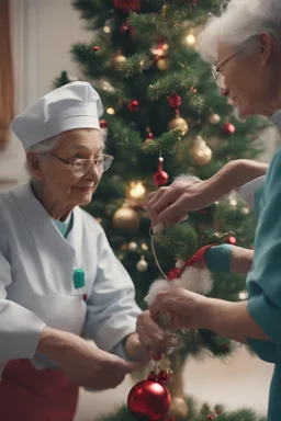 A heartwarming close-up photo of a young nurse helping an elderly person decorate a Christmas tree. Intricate details, 4k, realistic