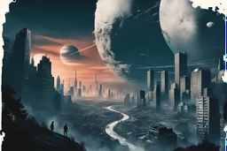 space city, people on the streets, destroyed planet in the sky above the city