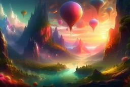 A digital painting of mysterious anomalous orbs in the sky surrounded by floating islands hovering above a fantasy landscape in the style of Michael Whelan, energy surge, serene countryside, lush forests, soaring mountains, impressive detail, sunset, high resolution, 4K, 8K, masterpiece