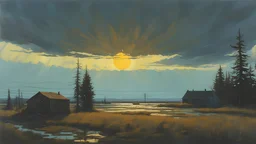 Sun, Denis Sarazhin, Alex Colville, John Harris, Simon Stalenhag, ominous sky