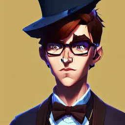 tall young man witbh square glasses, brown hair and grey eyes. He wears blue shirt, dark tails, bow tie and colorful chimney pot hat.