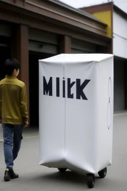 giant milk carton that says M.I.L.K on it STYLE OF HIROKU OGAI