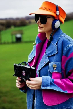 Fresh woman, no make-up, plum-blue-magenta-camouflage jacket. Old-fashioned things like CD's, microphone integrated to mask! Felt cloth visor with tippet. Orange cables, Golden rings, black old AKG headphones. jacket materials are denim and felt cloth mixed. Fashion 1990's. Venue is a tiny old farm with Chicken and cockatoo, Natural Light. Possible clothes colours: Cream white, zinc plate, red ochre, ochre. Thick tights. Thick calves. wide hip