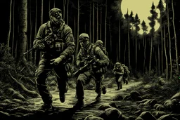 man holding a nightvision camera while being chased by mercenaries in the woods at night