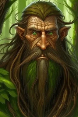 Gnom, braune lange wilde Haare, große, auffällig dicker Nase, grüne Augen, sehr jung , Druide, Haut wie Baumrinde, Zeichen im Gesicht, keine Falten im Gesicht, Mann