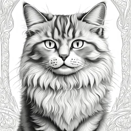 create an adult coloring book page of a detailed realistic fluffy cat standing , black and white, bold outline, easy to color, white background