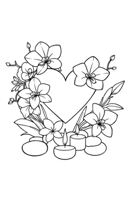 outline art for visually rich appealing heart ikebana orchids plumeria spa rounded stones around candles, coloring page for kids, white background, fit to page, only use outline, clean line art, no shadows, clear and well outlined