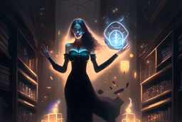 full-height shot of a woman in a tight black dress, holding up small glowing symbols, inside a magic book shop