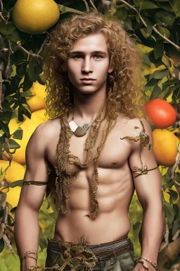 full body image of a beautiful 12 year old arabic boy with long, blonde curly hair and light blue eyes, smiling, shirtless, in front of a distant mango tree