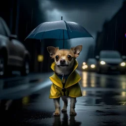 A small dog in a raincoat with an unbrella walking down the street in a rain storm, lightining in the sky and grey clouds.