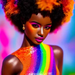 masterpiece, best quality, woman, dark skinned, sparkling eyes, fluorescent skin, colorful makeup, afro, full body shot, highly detailed body, sun light, 4K, RAW, depth of field, high contrast, realistic details, 24mm