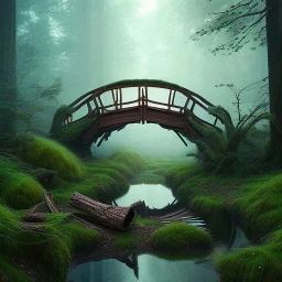 dew drops ,wooden bridge in magical forest, spray painting, foliage frame, fantasy art , movie poster, Realistic photography, incredibly detailed, ultra high resolution, 8k, complex 3d render, cinema 4d, color corrected