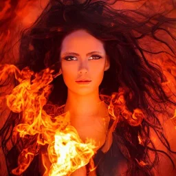 woman made of fire, fire angel, fire clothes, full body portrait, long flowing hair, only wearing bikini made of fire, highly detailed, real life photo, photo quality, extremely detailed, high quality, standing in fire, highly detailed face with makeup