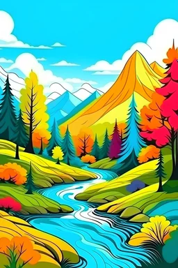 create cover paint,colorful nature landscape with mountains and many trees,stream,style coloring book