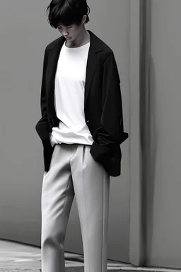 Long black formal jacket with a black shirt and gray pants Photorealistic