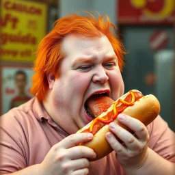 fat man with red hair eating a big hot dog, realistic photo, big mouth open, "Karlsson på taket" vibes