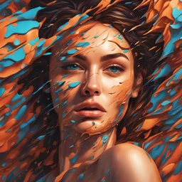 Ultra close insanely detailed face of a beautiful woman emerging from a 3d abstract background, Hyperrealistic, splash art, concept art, mid shot, intricately detailed, color depth, dramatic, 2/3 face angle, side light, colorful background