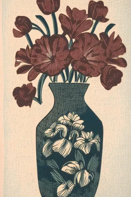 Block print of flowers in a vase