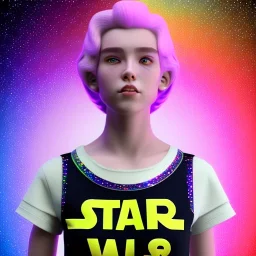 full body photo of smiling feminine pretty 19 year old boy wearing a star wars shirt, with rainbow glitter eye make-up, flat chest, pronounced adam's apples, short and long pink hair, no body hair, no tattoos, lgbt, transgender, highly detailed, photo realistic, plain background, still shot, photo realism, full body photo, 8k high resolution, high detail, --ar 2:3 --v 4