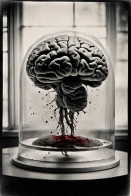 Vintage black and white photograph of a brain, spattered with blood underneath a glass dome, low contrast, natural light, grainy film, dust overlay, 35 mm film, polaroid , scientific art, human anatomy