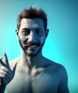 Realistic image, waist up view, a guy making the fuck you gesture with his hand, blue smoke coming out of his eyes, nose and mouth. Happy, smile, soft color, highly detailed, unreal engine 5, ray tracing, RTX, lumen lighting, ultra detail, volumetric lighting, 3d, finely drawn, high definition, high resolution.