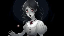comix style, In the pallid moonlight, a peculiar girl appears - a vampire, her skin a haunting shade of spectral grey, as if she herself were wrought from the lonely heart of a forsaken moon. Cruel rubies are set into her eyes, glowing with ominous liveliness against her lifeless pallor. Blood, a sinister accompaniment to her form, the colour of garnet, seems to drip off her like a macabre jewel, casting a chilling aura of dangerous enchantment about her.