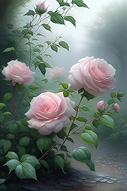 74. Watercolor, a bush of delicate pink roses, an ultra-detailed plant, morning, rain, beautiful landscape, fog, many details, delicate sensuality, realistic, high quality, 3d, work of art, hyperdetalization, filigree, hazy haze background, hyperrealism, professional, transparent, delicate pastel tones, back lighting, contrast, fantastic, unreal, translucent, glowing, clear lines, epic fabulous, fabulous landscape, hyperrealism