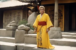 [very impressive high res masterpiece in Kodak Eastman 5247, bokeh scene by Stanley Kubrick] Elizabeth Montgomery Shaolin gangsta monk covered by tattoos waiting outside in yellow kimono, on a stone doorstep, she menaces the camera with her finger