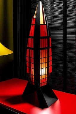 gaming table lamp inspired by shanghai tower buliding architecture futuristic-modern stlye. geometric form, red and black color scheme