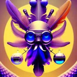 bearded man head with feathers, spheres, cubes, gears, clocks, engine parts, exhaust pipes, fur, peacock feathers, mechanism, in the style of Android Jones, gradient, bioluminescent, rococo, photorealistic, intricate details, 8k, purple and gold, digital painting, top light, illustration, trending on artstation