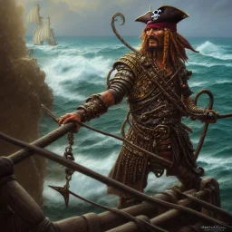 a pirate warrior on his ship, a highly detailed illustration, background of giant crashing ocean waves, realistic render, 8 k, micro detail, intricate, elegant, centered, digital painting, Artstation, smooth, sharp focus, illustration, artgerm, tomasz alen kopera, peter mohrbacher, donato giancola, joseph christian leyendecker, wlop, boris vallejo