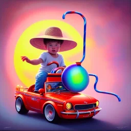 A one-year-old boy rides in the plastic funny toy-car on the middle of a busy street in new york. He has and a large-brimmed straw hat. somehow photographic bright colors and sunset, fantasy art, Anna Dittmann, digital painting, dan mumford, oil on canvas, jeff koons, akihito yoshida, wlop, kodachrome,