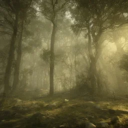 spooky forest, 4k, 8k, highly detailed, cinematic, ultra photorealistic, volumetric lighting, sharp details, trees, depth of field, sun shafts, sunset, wide view