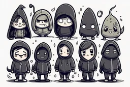 6 simple shaped hand drawn cartoon characters that are cute dark and have hoodies