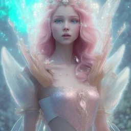 a pink castle, a cheerful fairy in front, big smile, pink, blonde hair, beautiful, whole face, whole top hair head, wide open blue eyes, transparent wings onn the back, hyperrealism, masterpiece, expert, cinematic lighting, sharp focus, 8K, pastel, macro lens, woman, detailed, flower