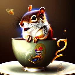 laughing squirrel giving salute, drinking warm tea surfing waves on a teacup, fantasy art