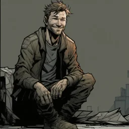 man, ethan hawk, sitting, smiling, comic book, post-apocalypse, grey background, illustration,