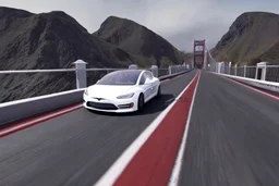A Tesla 'Model S' is racing at top speed, on the 'Golden Gate' bridge. (CINEMATIC, WIDE ANGLE LENS, PHOTO REAL)