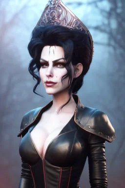 Amy Dumas as evil queen in black leather, leather, busty, cleavage, angry, rage, stern look. character design by cory loftis, fenghua zhong, ryohei hase, ismail inceoglu and ruan jia. unreal engine 5, artistic lighting, highly detailed, photorealistic, fantasy