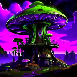 A fantabulous black, green and purple (((mushroom tower house))) erected atop a (geologic pillar), surrounded by the uncanny imaginative ((( swirling skies))), offset by the stark hues of a (neon-tinged nebulous space scape), within. captured by the hand a skilled master painter with a focus on (softly blurred compositions and voluminous lighting).