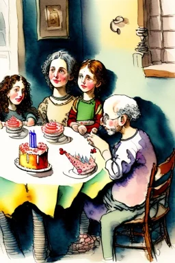 Jewish family is sitting at a table with a birthday cake. Watercolour