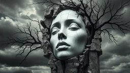 surrealis monochrome A fragmented, surreal sculpture liguid color of photorealistic image 3d,psychedelic art of small a women face glossy emerging from dreamlike a crumbling building. The face appears pale with deep cracks and intricate details, evoking a haunting expression. Blackened tree branches intertwine with the gold mengkilat cracks, set against a backdrop of stormy, cloud-filled skies. bauhaus art The overall tone is dark and moody, suggesting themes of decay and transformation. Include