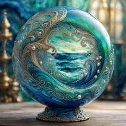 A translucent navy blue and glass platinum sphere filled with swirly ocean waves, inside a old village, flowy swirls, golden lines, 3D, alcohol ink effects, sprinkle glitter, pearls, beads.standing in front of a big wavy ocean in blue and green colors. fantastical, intricate detail, complementary colors, fantasy concept art,