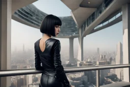 girl wearing black leather, shoulder-length bob, with fringe, in a science fiction building leaning over a balcony, looking at a large city