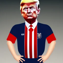 A tiny Donald Trump in a referee jersey officiating for a soccer match at Wembley Stadium