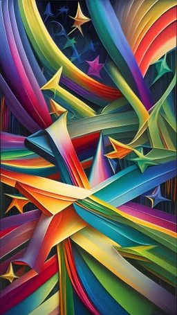Ribbons stars abstract rainbow iridescent painting